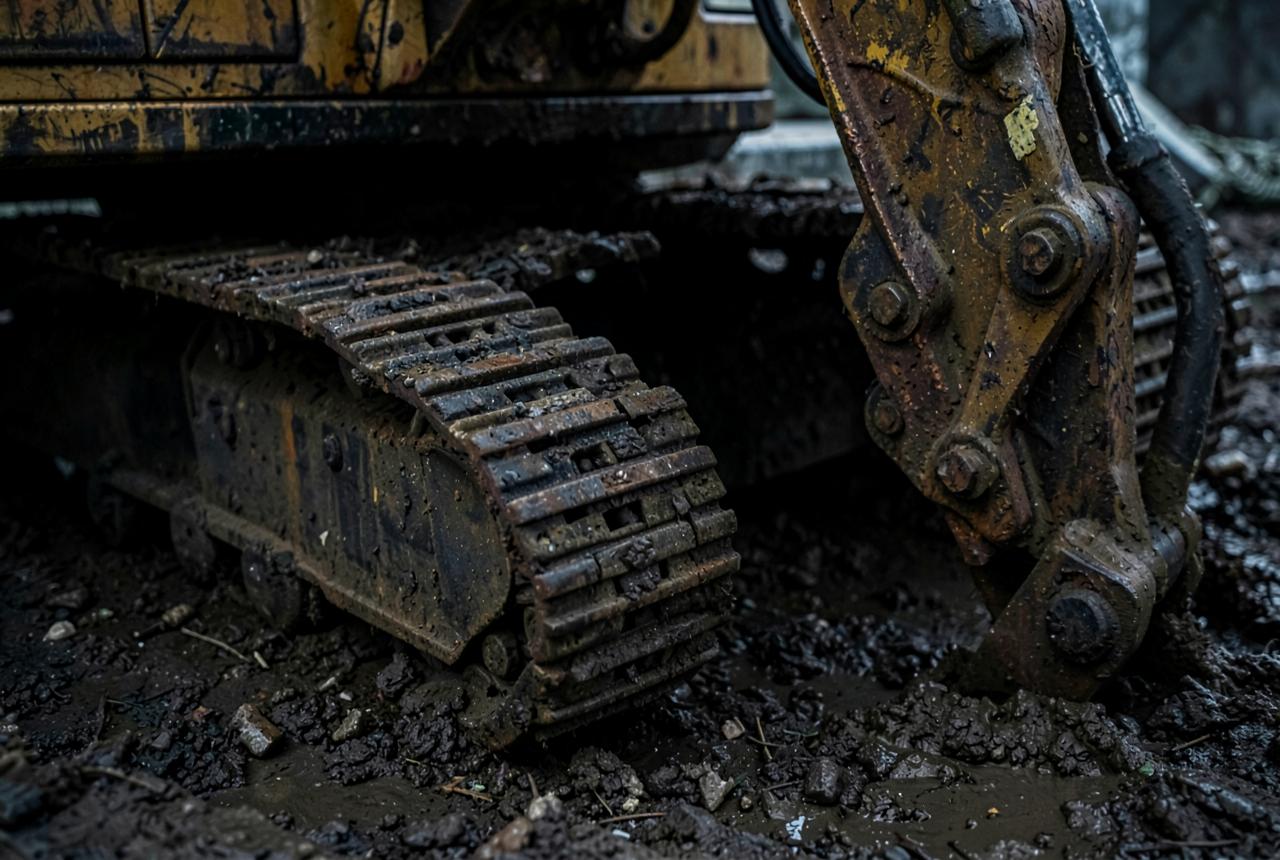 Excavator tracks and hydraulic arm on a muddy UK site