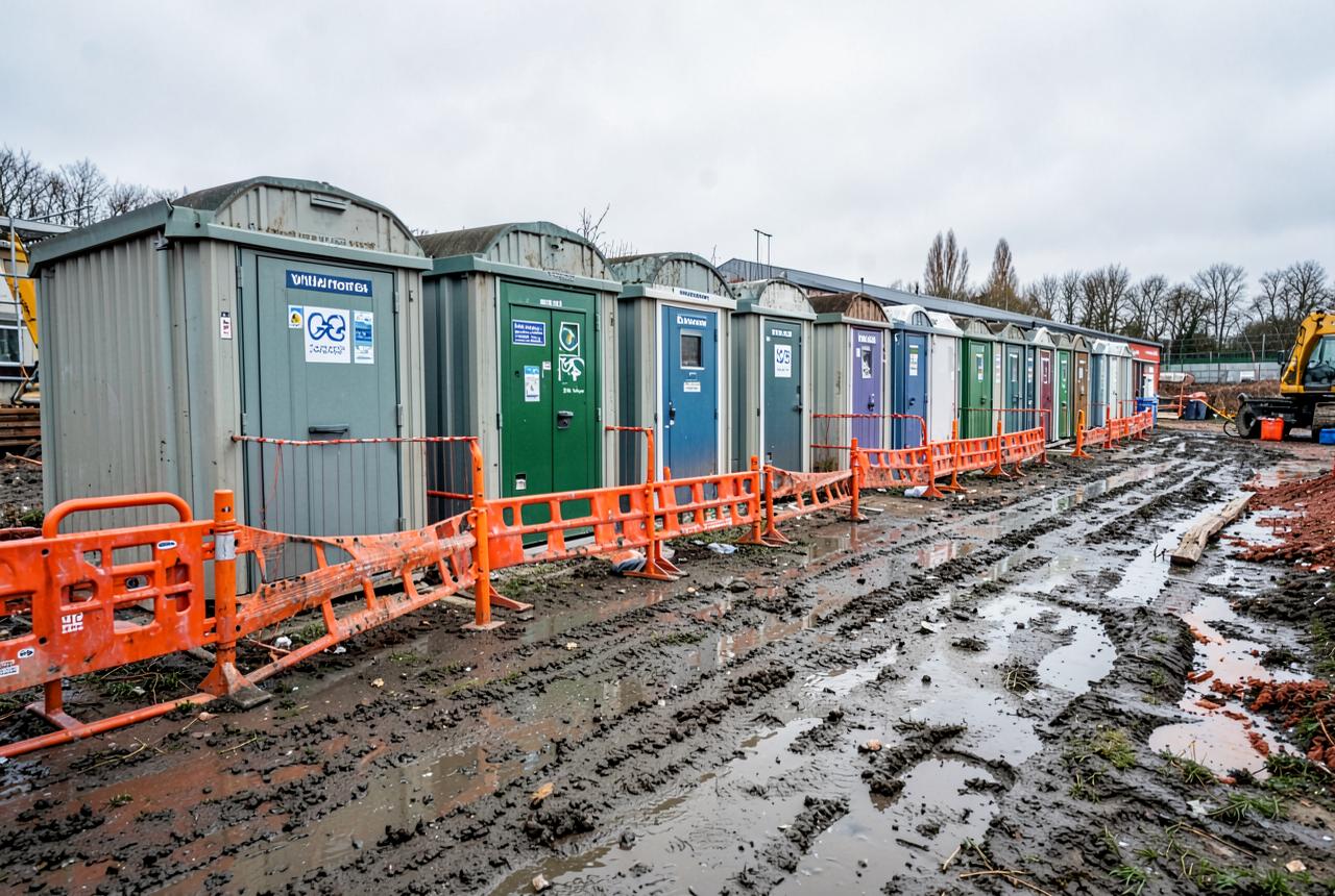 Row of site welfare units on a UK construction compound